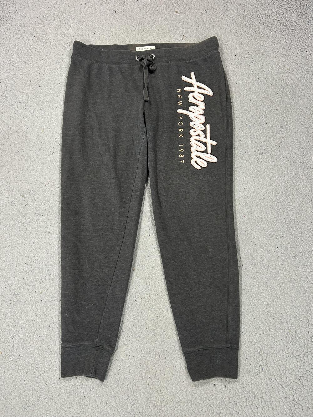 Y2K Aeropostale Sweatpants Women Large Gray Jogger Fleece 1987 Logo Lounge Pants